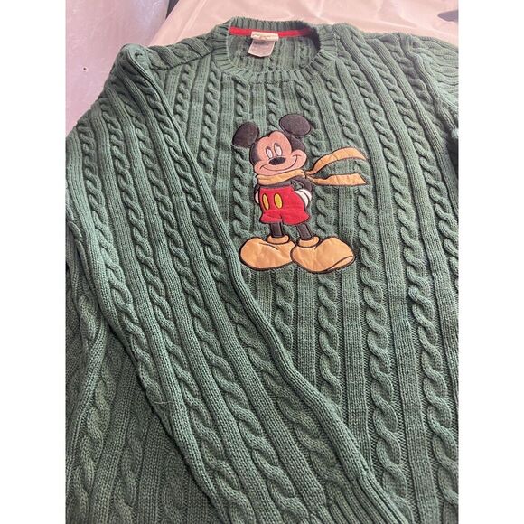 Men's Green Cable Knit‎ Sweater with Mickey Mouse Winter Embroider-Size M